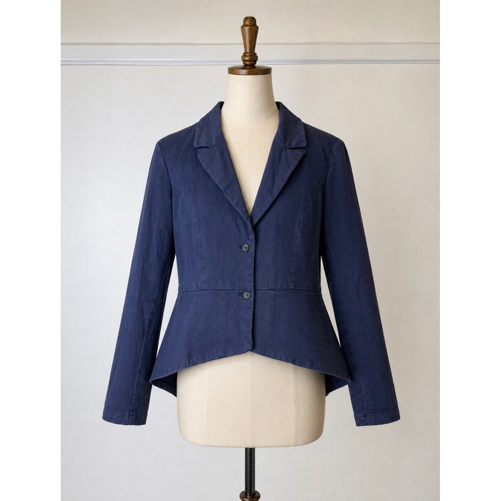 Peruvian Connection Size 14 Navy Blue 100% Cotton Peplum Blazer Preppy Luxury